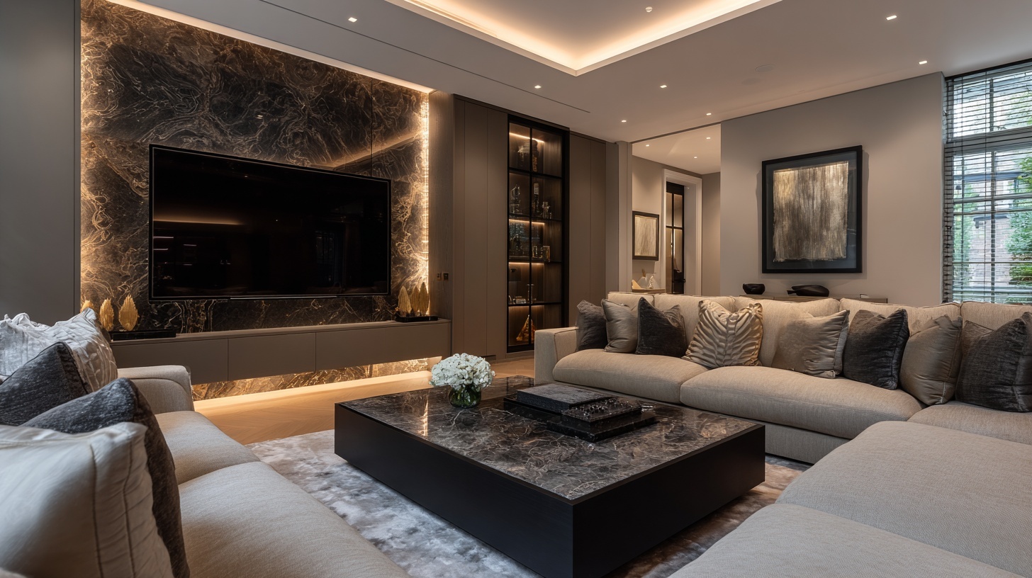 Living room with wall-mounted TV set into a backlit marble feature wall and integrated lighting