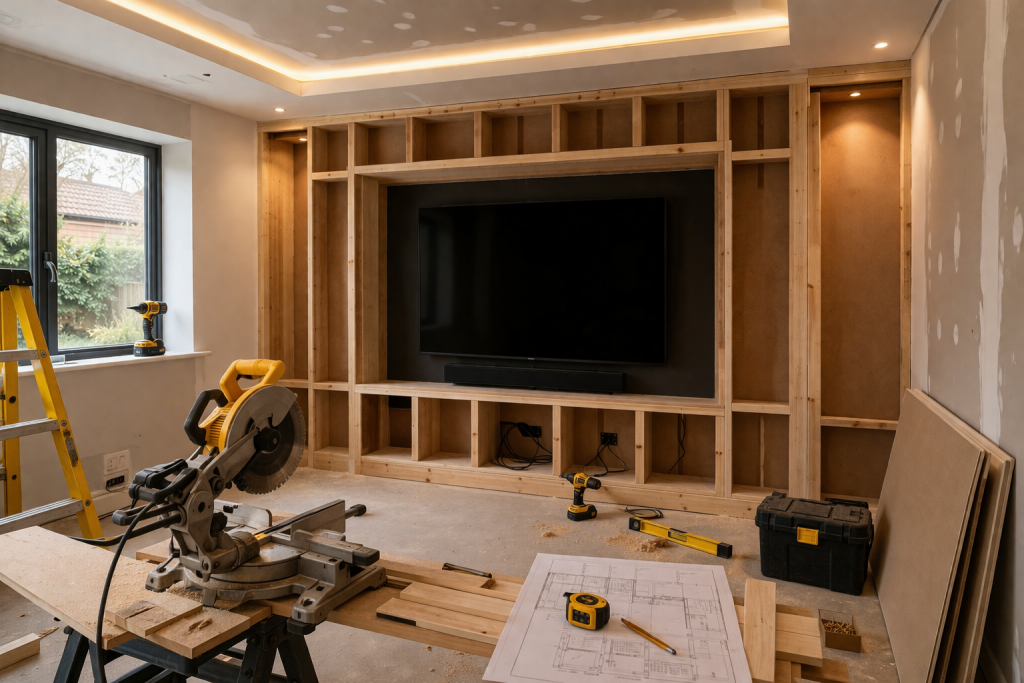 Media wall joinery being built on site by the Synova AV team