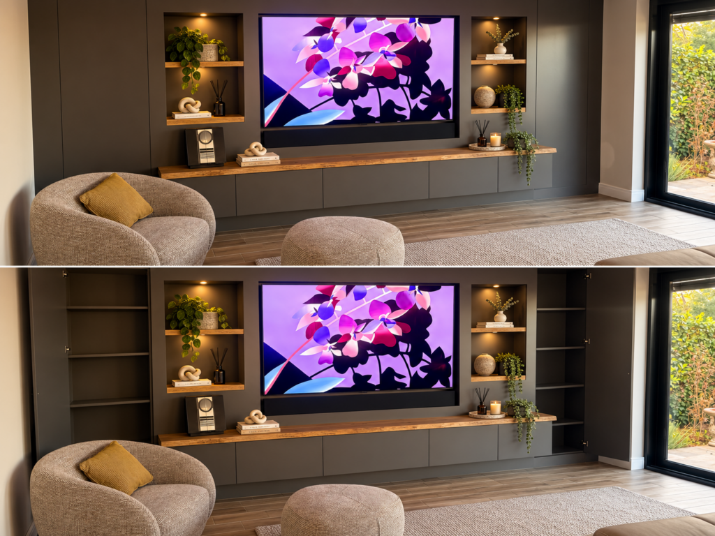 Bespoke media wall installation in Leeds with integrated home cinema
