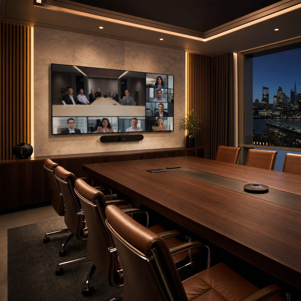 Executive boardroom with a large display, video-conferencing camera and conference microphone