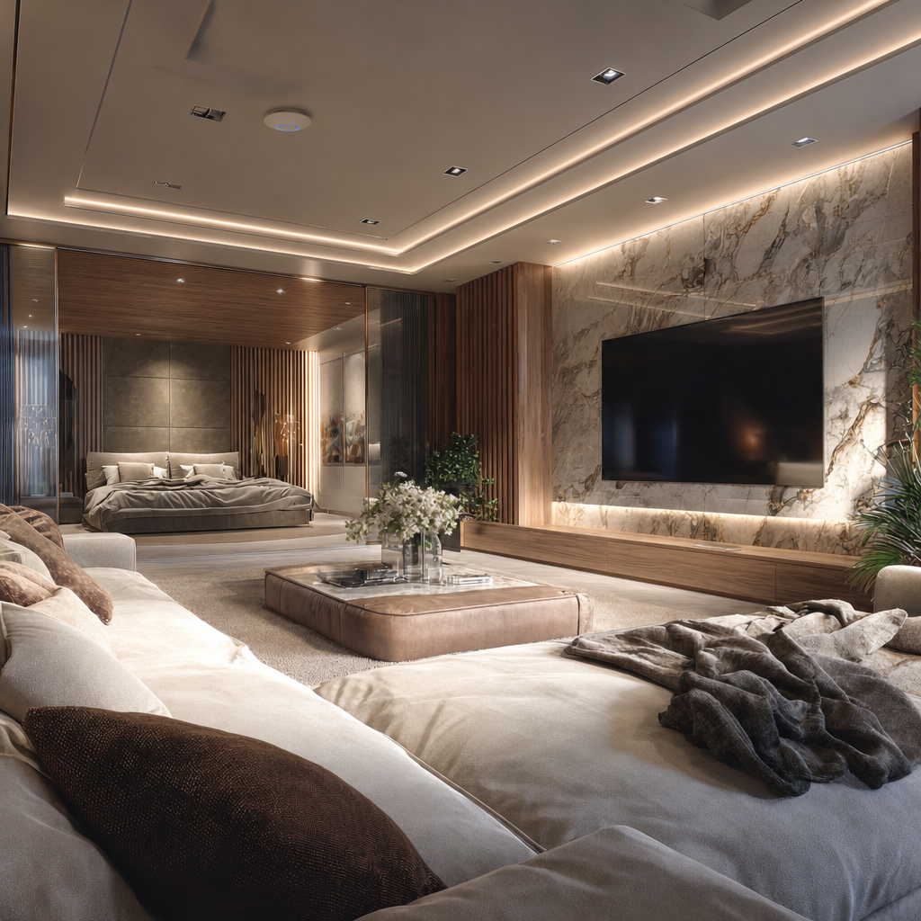 Luxury lounge with a discreet ceiling-mounted Wi-Fi access point and lit cove ceiling