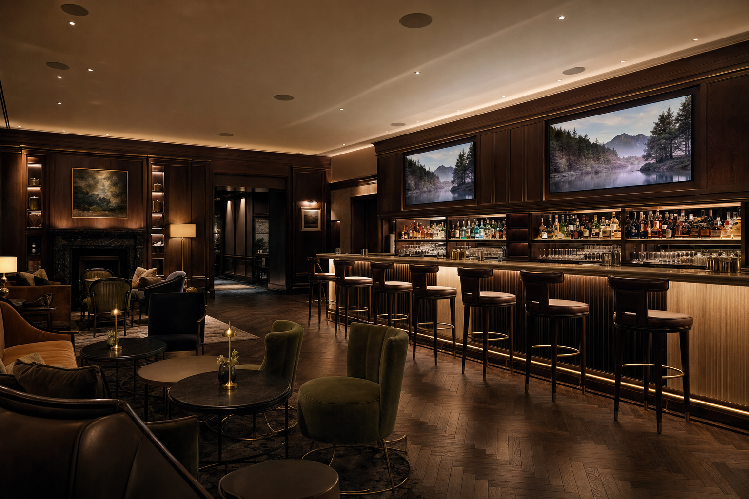 Upmarket cocktail bar with TVs built into bespoke joinery and discreet ceiling speakers