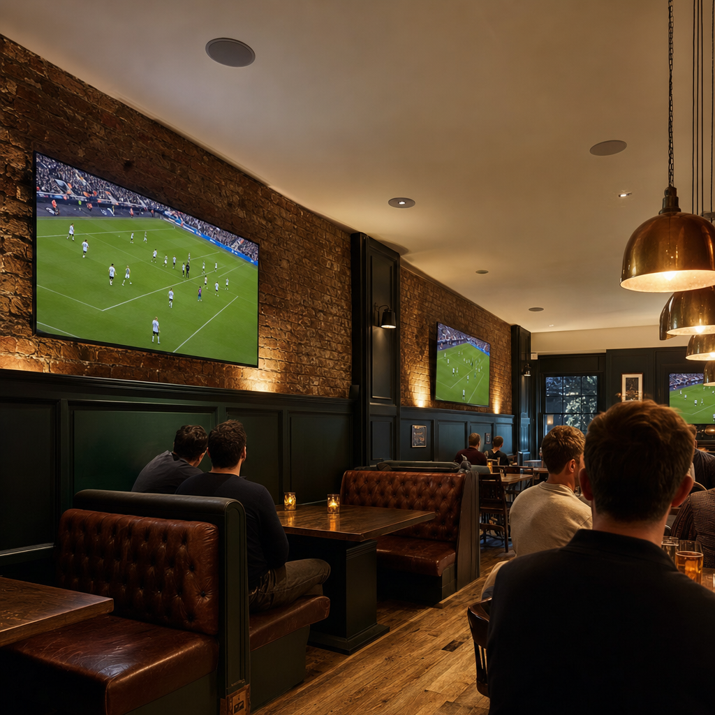 Stylish gastro pub with multiple wall-mounted TVs showing live sport and discreet ceiling speakers