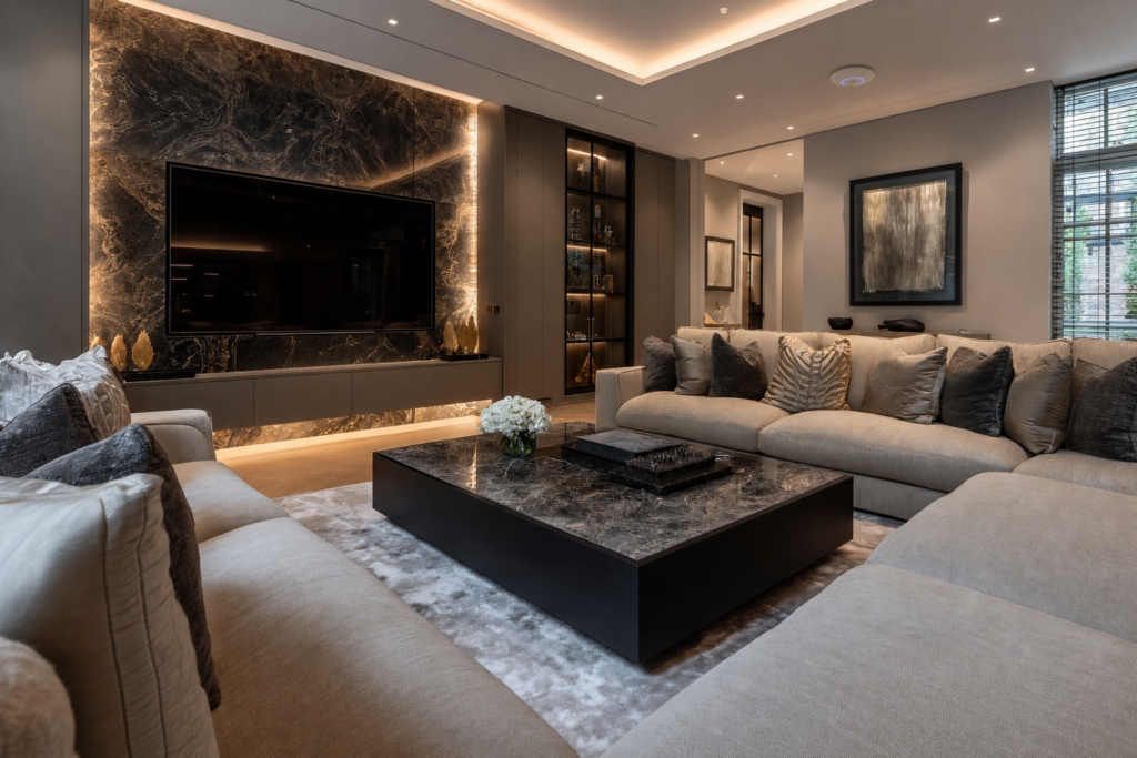 Luxury living room with a marble media wall and a professional ceiling Wi-Fi access point