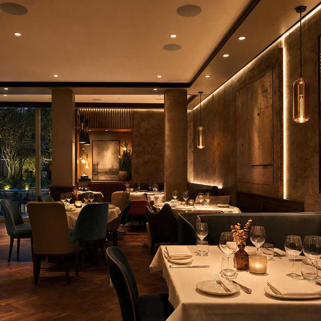 Elegant restaurant with discreet flush ceiling speakers for background music