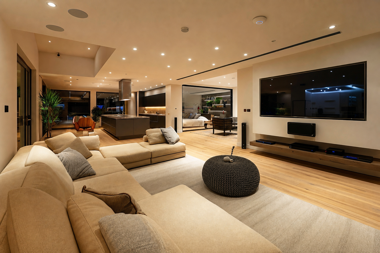 Luxury open-plan living room with a discreet ceiling-mounted Wi-Fi access point