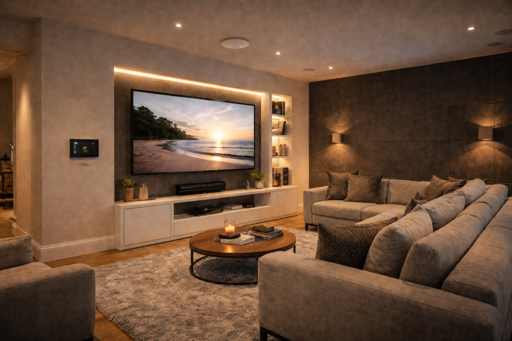 Media room with a ceiling-mounted Wi-Fi access point for fast, reliable streaming